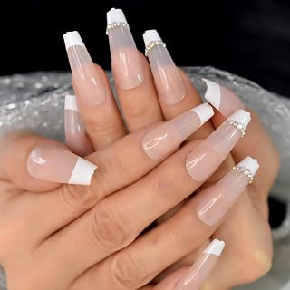Extra Long Coffin Pressed Nail Design, Fake Nail Art Tips for Women, Beaded Natural French for Women, Reusable Acrylic Nails for Salon Look, Set of 24 with Tools, Easy to Apply Daily or Party