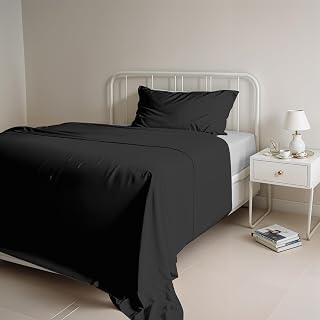 Natural Colour Single Bed Set, 100% Cotton, Made in Italy, Top 150 x 300 cm, Bottom 90 x 200 cm, Pillowcase 50 x 80 cm, Plain Colour, DoubleFace - Black/Light Grey