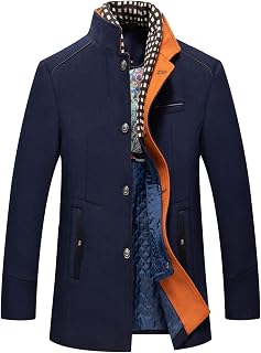 chouyatou Men's Gentle Band Collar Single Breasted Wool Blend Pea Coat
