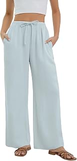 Women's Linen Trousers Summer Casual Fashion Fluid Trousers Cotton Chic Elastic Waist Beach Pants with Pockets