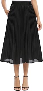 EXCHIC Women's Casual Chiffon Elastic Waist Pleated Midi Skirt with Pocket