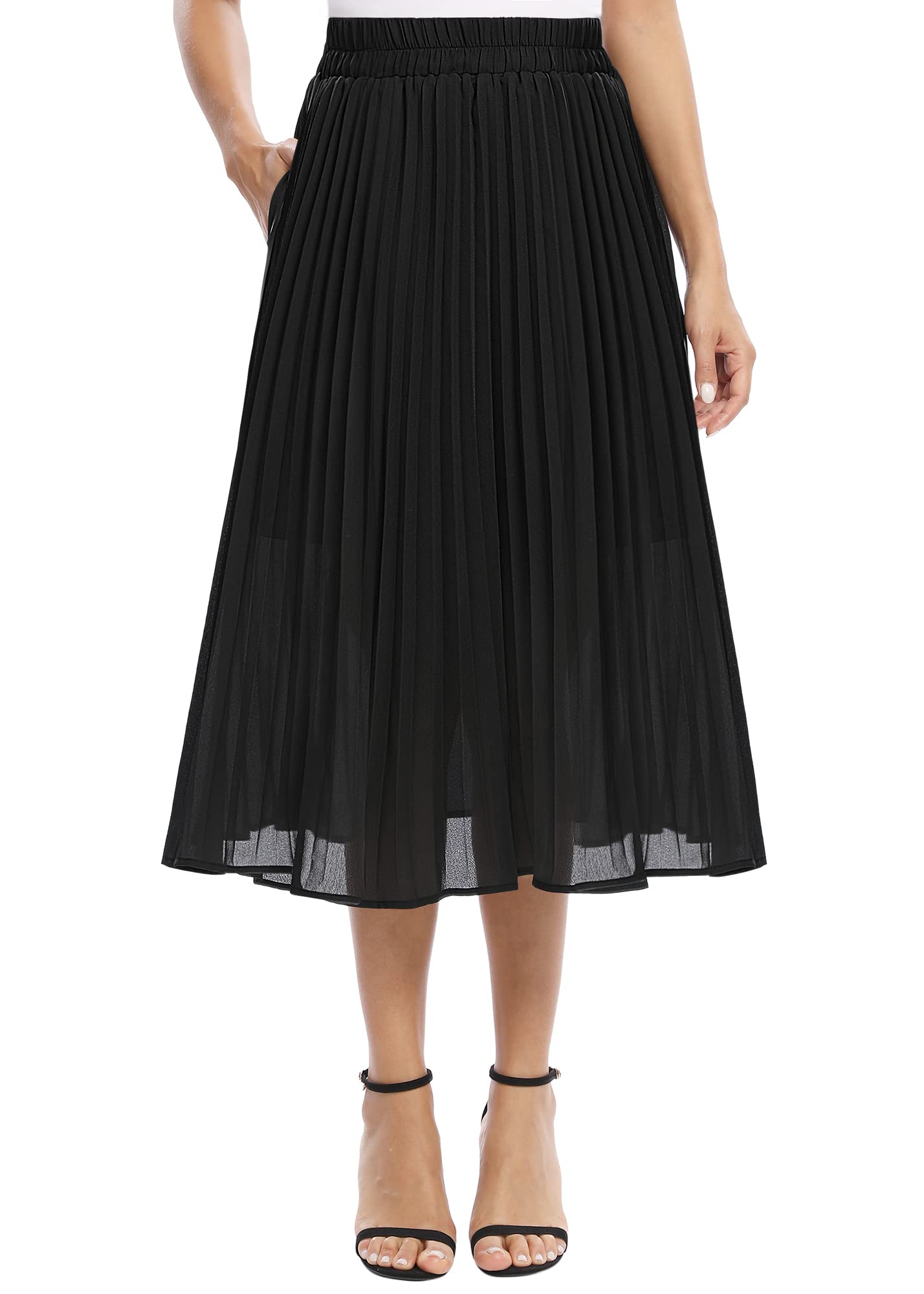 EXCHIC Women's Casual Chiffon Elastic Waist Pleated Midi Skirt with Pocket