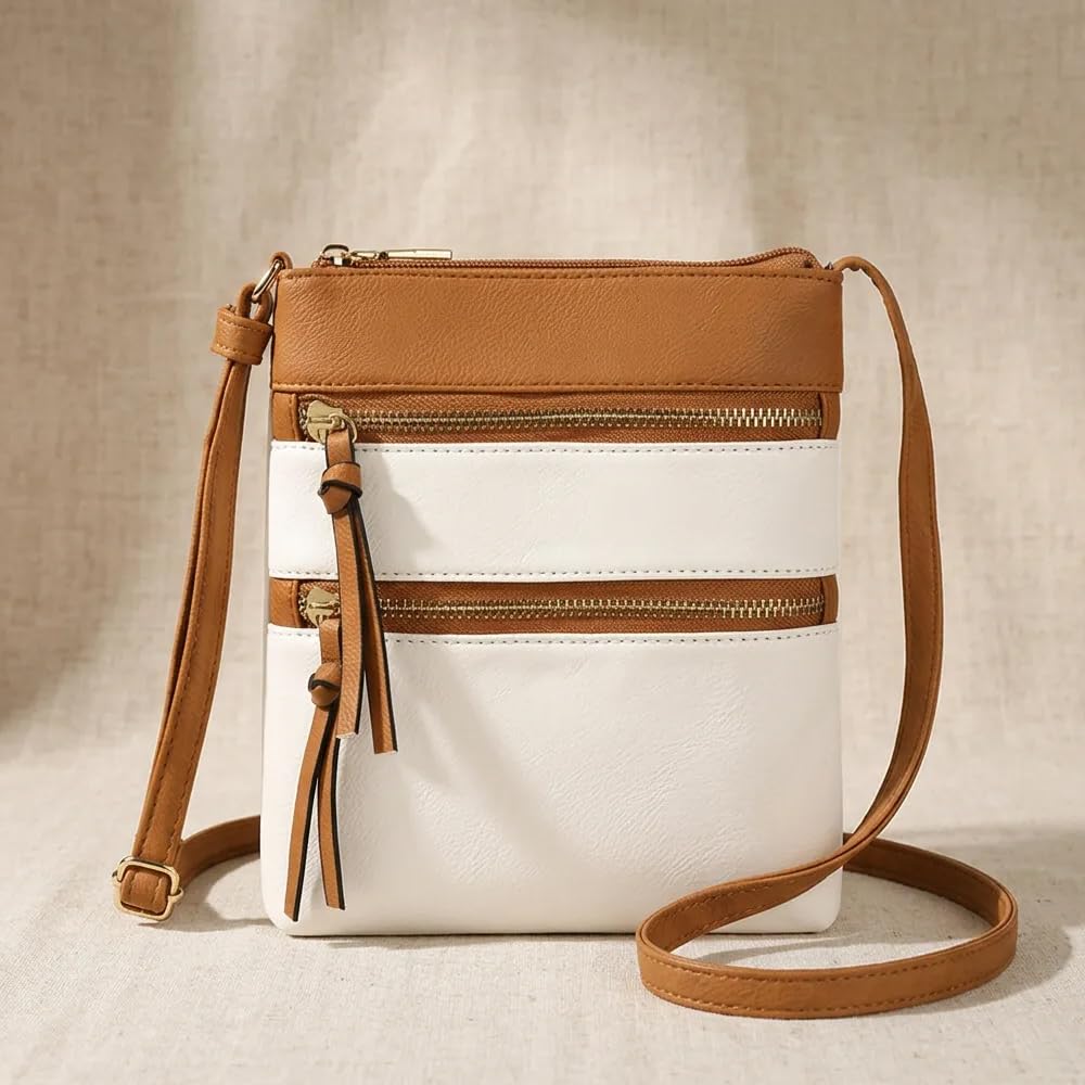 Multi Pocket Crossbody Bag, Faux Leather Triple Zipper Tassel Purse Adjustable S