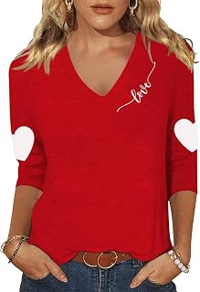 Vircreate Womens 3/4 Sleeve V Neck T-Shirts Valentina's Day Spring Shirts Love Heart Graphic Tee Tops