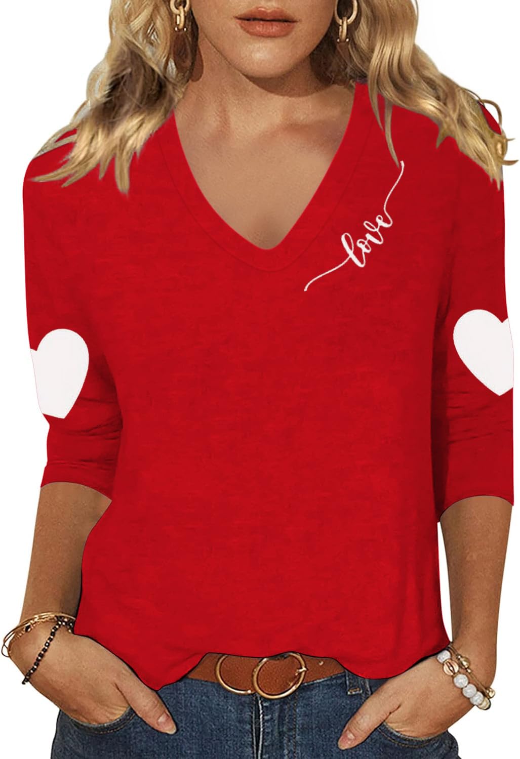 Vircreate Womens 3/4 Sleeve V Neck T-Shirts Valentina's Day Spring Shirts Love H