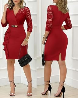 Women's Fitted Evening Dress V Neck Lace Ruffle Metal Decoration Cocktail Dress