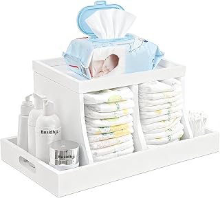 Busidhji Wooden Diaper Caddy Organizer with 2 Compartments and Removable Tray, Changing Table Organizer (White)