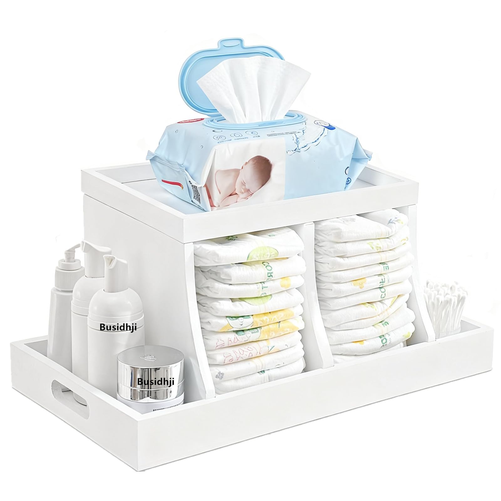 Busidhji Wooden Diaper Caddy Organizer with 2 Compartments and Removable Tray, C