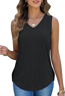 Womens V Neck Cute Tanks Tops Curved Hem Sleeveless Spring Summer tees