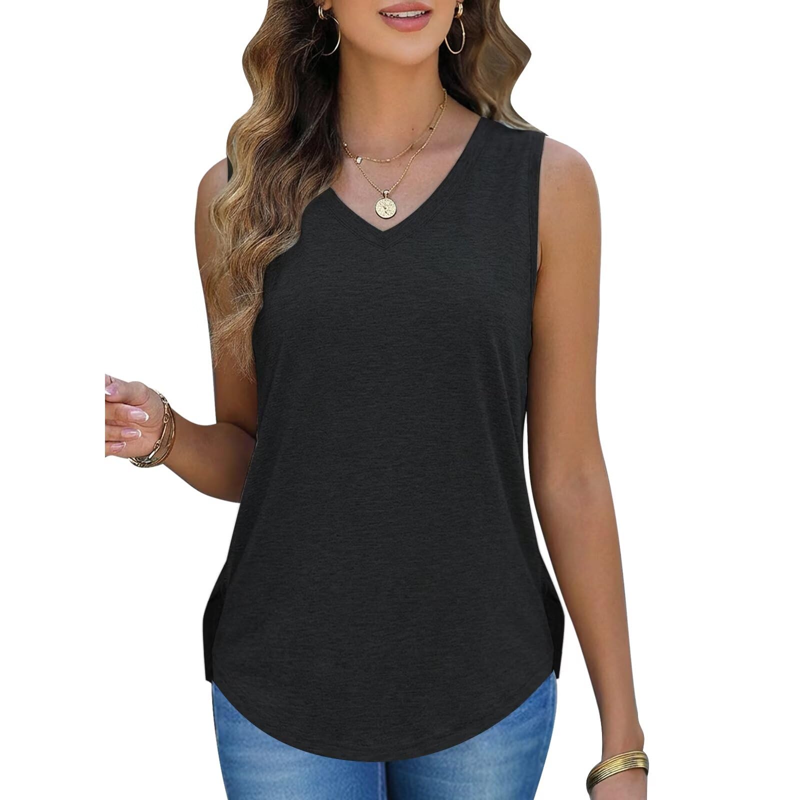 Womens V Neck Cute Tanks Tops Curved Hem Sleeveless Spring Summer tees