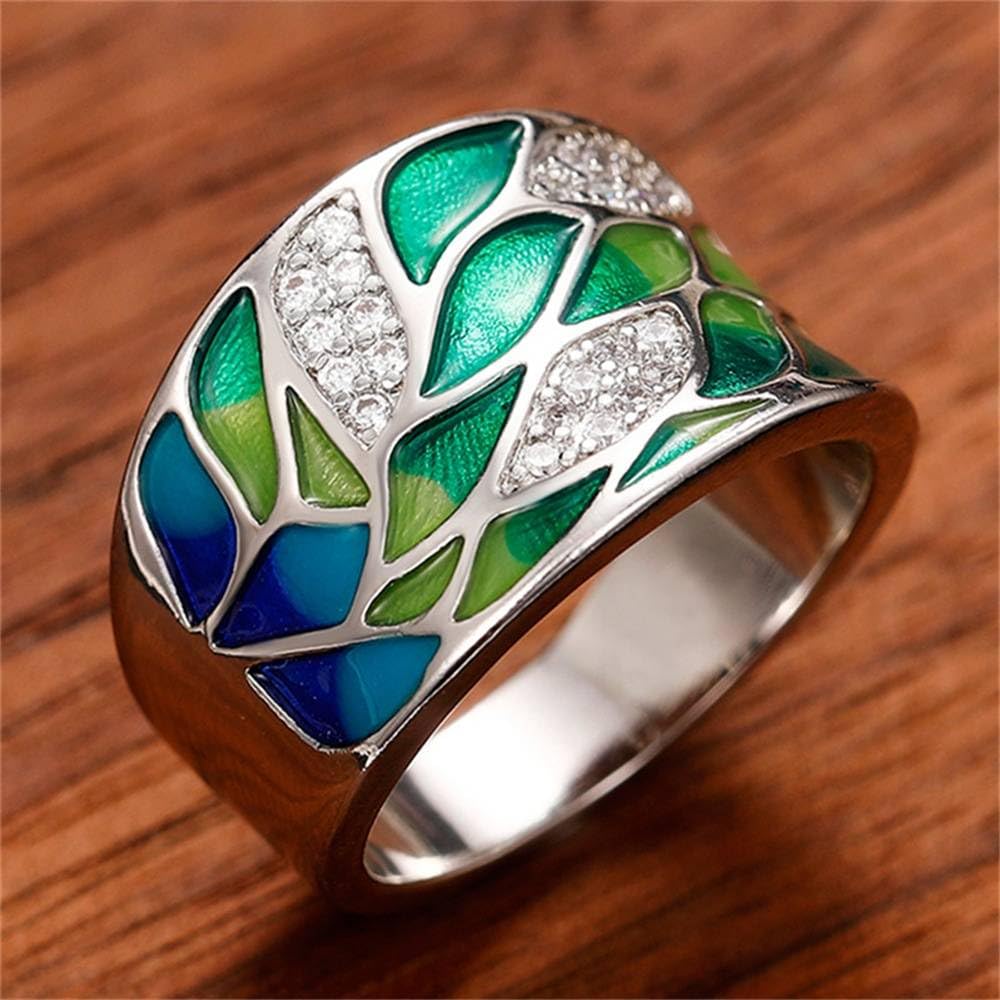 Chic Bohemia Style Green Leaf Enamel Rings for Women Shiny Zirconia Accessories 