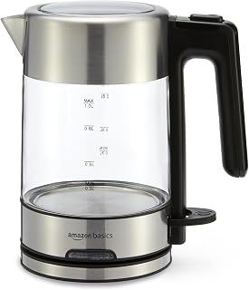 Amazon Basics Electric Kettle with Glass Carafe for Tea and Coffee, Fast Boiling, Auto Shut-Off, Boil-Dry Protection, Temperature Control, Removable Filter, 1 Liter, 1500W, BPA-Free