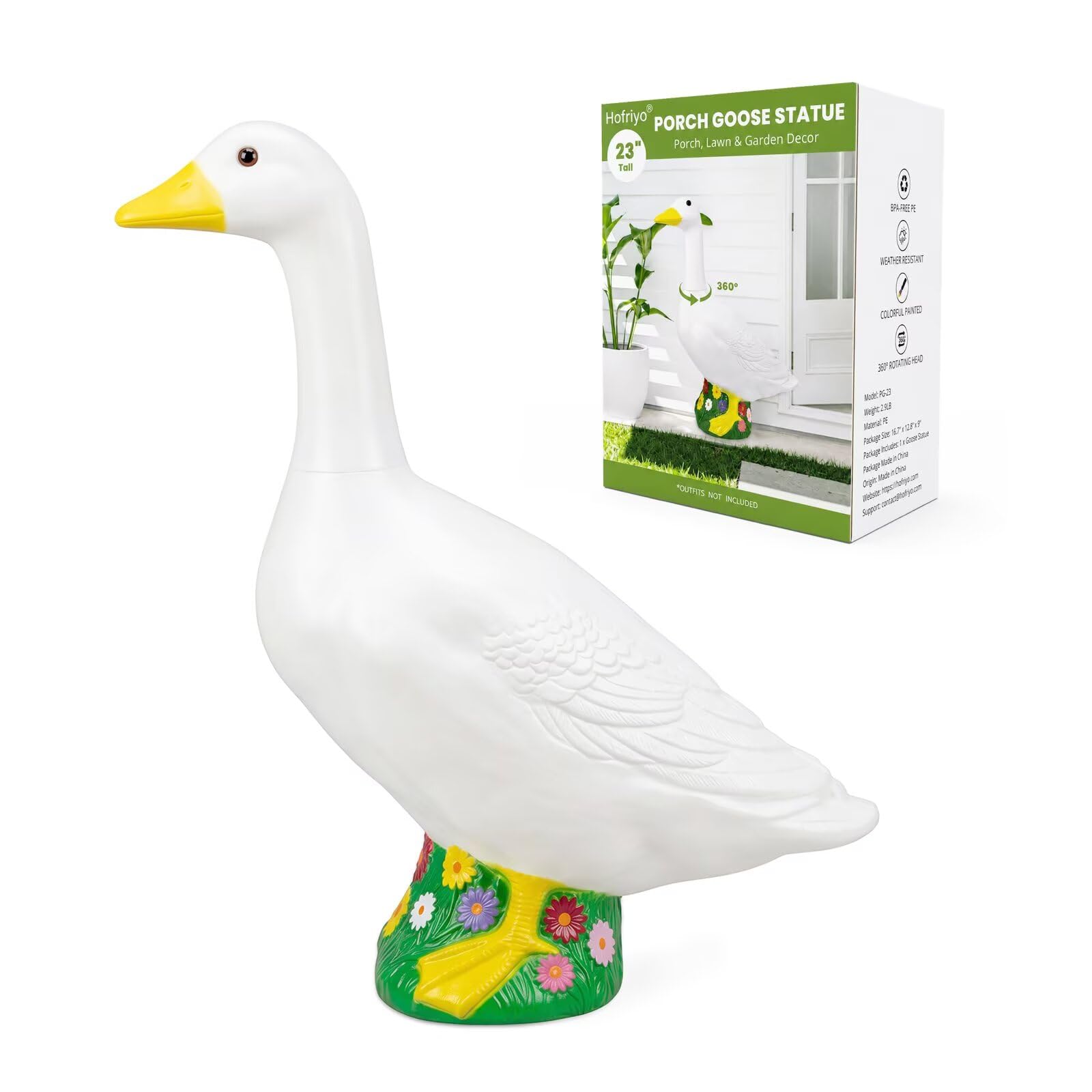 23" Large White Goose, Plastic Garden Décor, Vibrant and Clean Painted Goose Fee