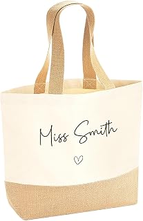 Personalised Teacher Tote Bag with Name and Heart Design, Jute