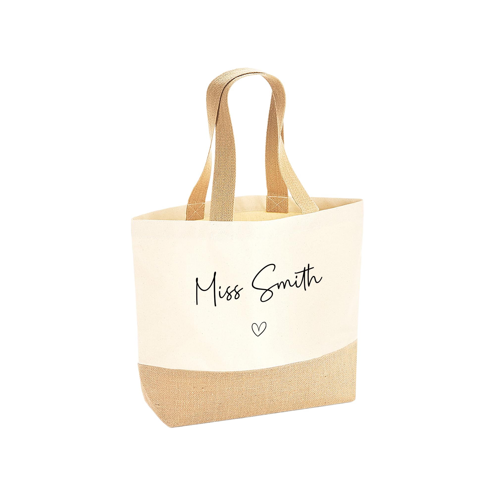 Personalised Teacher Tote Bag with Name and Heart Design, Jute