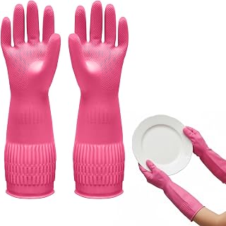 1 Pair Household Rubber Cleaning Gloves Long Cuff Dishwashing Gloves with Non-Slip Grip for Kitchen Bathroom
