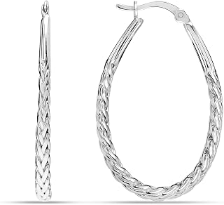 LeCalla 925 Sterling Silver Chunky Hoop Earrings for Women | Large Rectangle Shaped Earring Hoops | Handmade Classic Oval Textured Click-Top Big Hoops Earring for Women Gifts