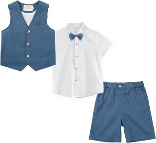 LOLANTA 4PCS Summer Wedding Suit for Children, Set of Vest and Shorts Linen for Children, Baptism Clothes Ceremony Party, Vest+Pants+Shirt+Bow Tie