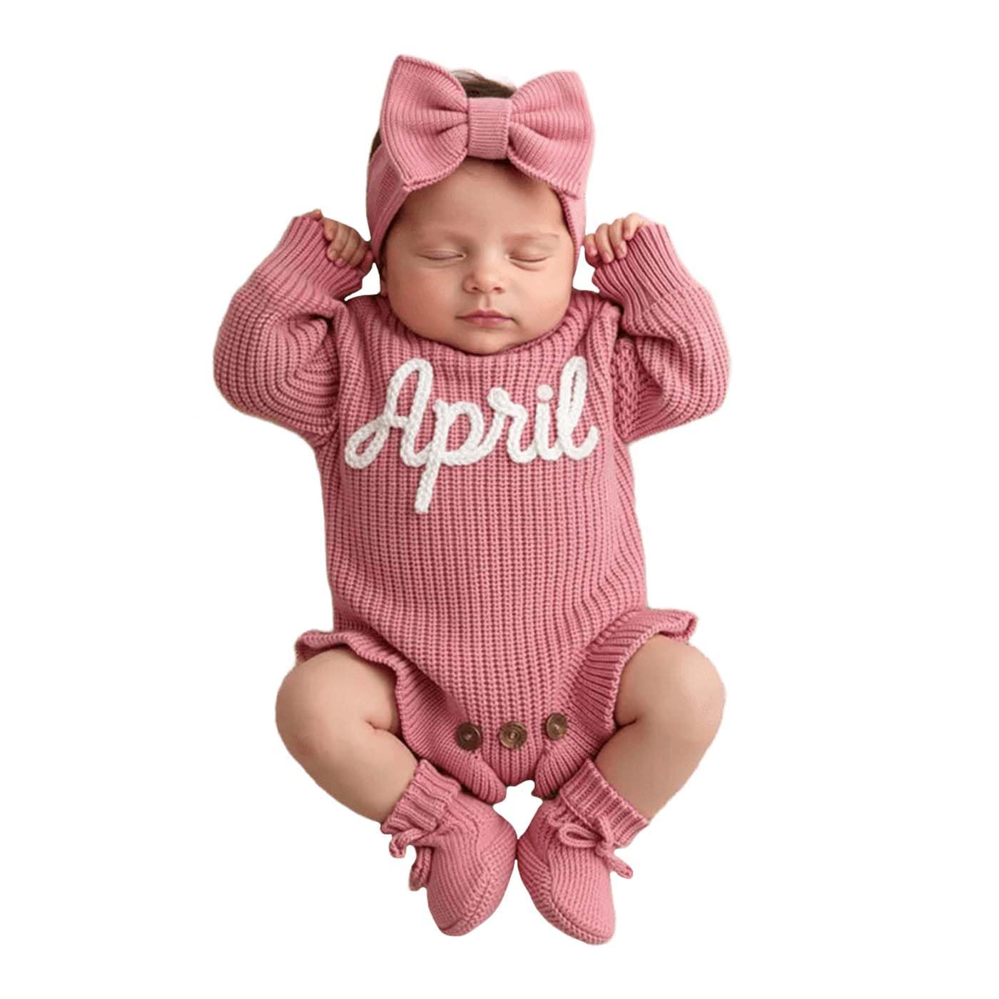 Personalized Embroidered Baby Romper Set, Custom Crochet Name Knit Sweater Cotto