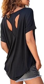 Fisoew Women's Sport T-Shirts Open Back Fitness Yoga Tee Tops | Short Sleeve, Loose Fit, Casual, Workout Gym Shirts, Gym Athlete Tops