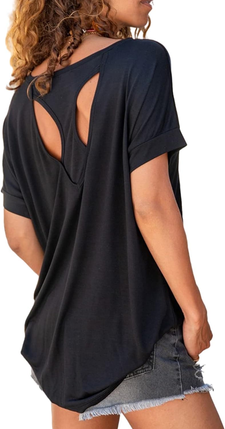 Fisoew Women's Sport T-Shirts Open Back Fitness Yoga Tee Tops | Short Sleeve, Lo