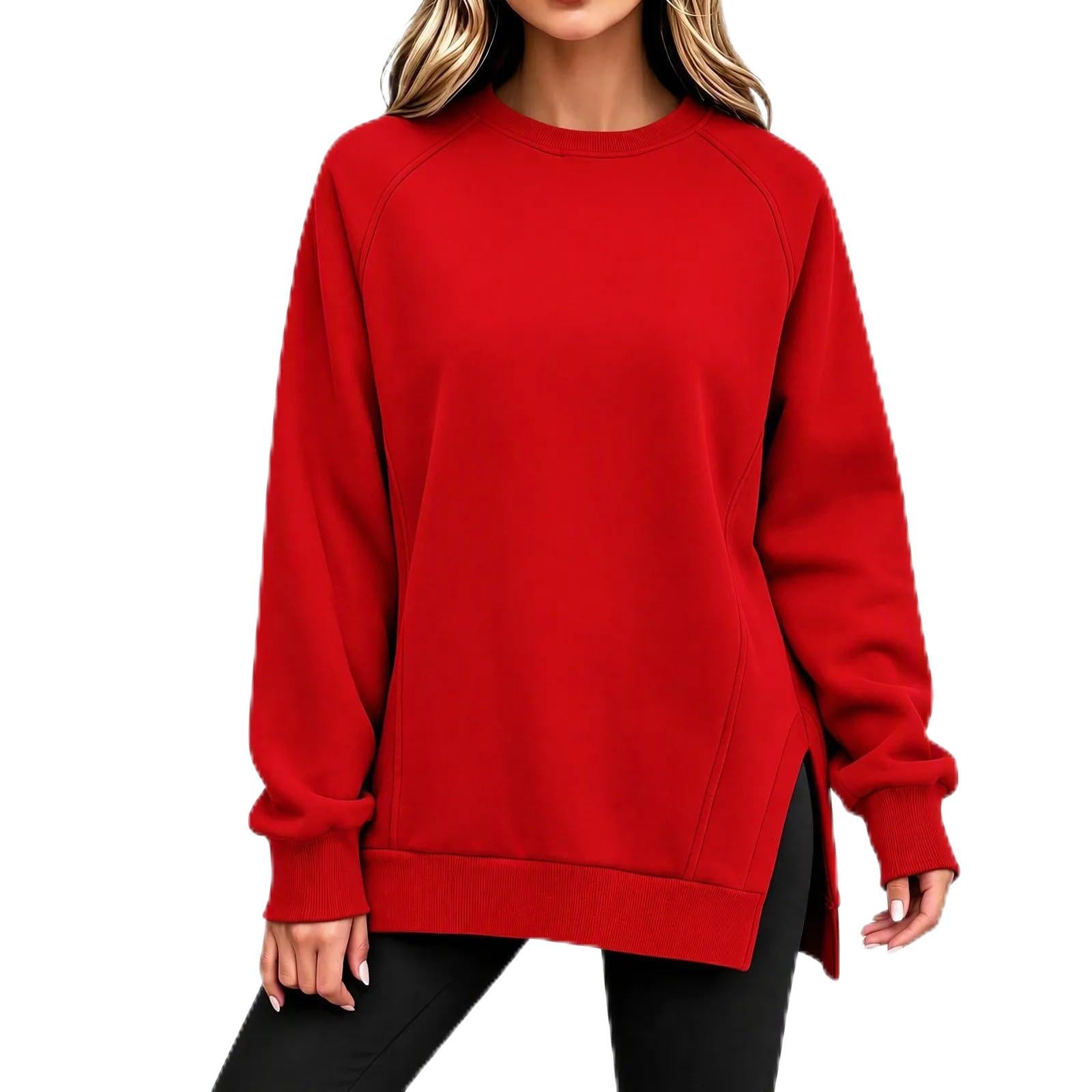 Women's Oversized Sweatshirts Side Slit Crewneck Long Sleeve Pullover Tops | ove