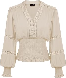 SCARLET DARKNESS Women's V Neck Lantern Sleeve Lace Renaissance Blouse