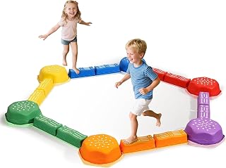 HappyField 18Pcs Non‑Slip Balance Beam Stepping Stones for Kids Ages 3+ | 12 Beams & 6 Sensory Stepping Stones Stackable Obstacle Course Balance Board Thicken Plastic Hold up 220LBS Sensory Toy