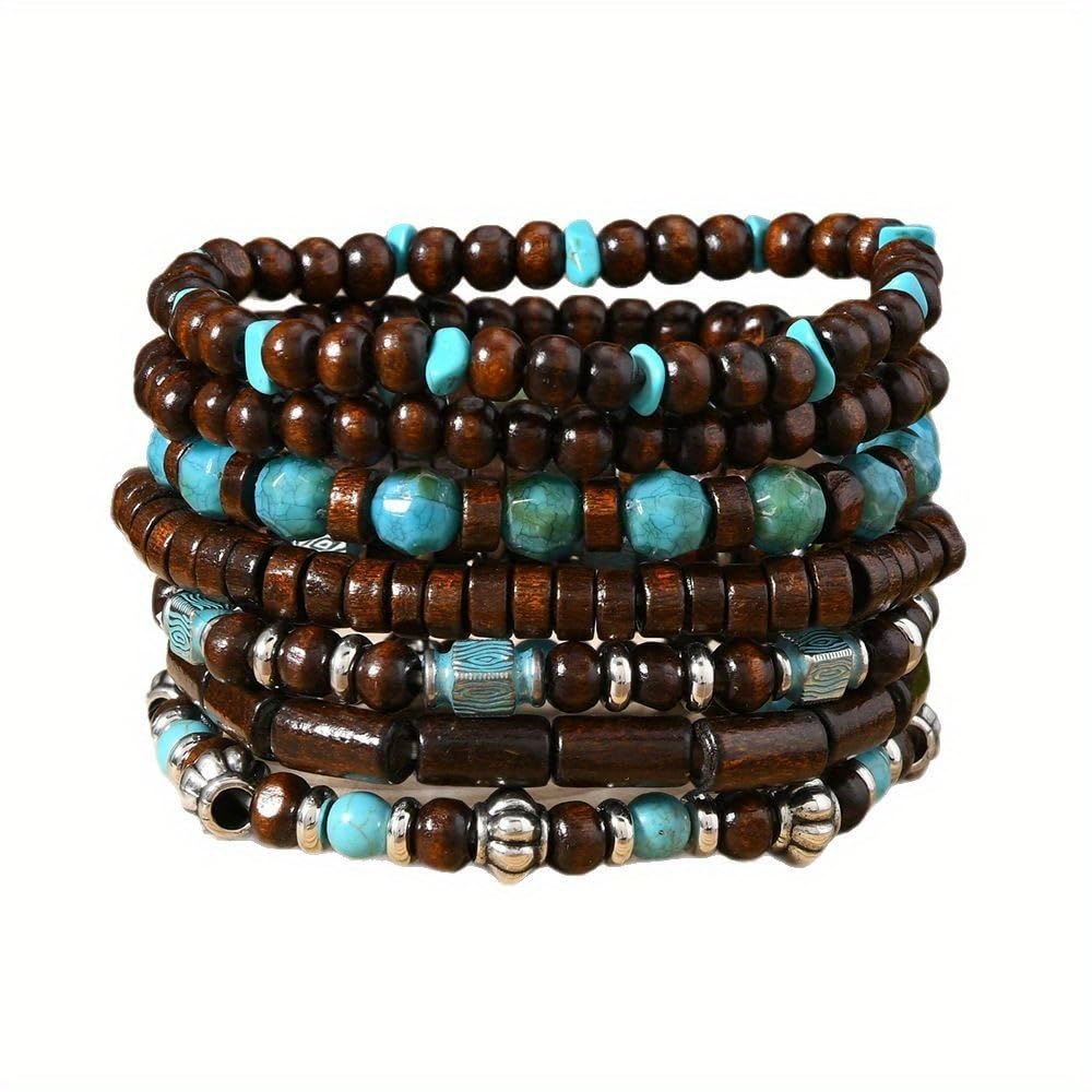 7pcs Bohemian Beads Bracelet Set Women Men Natural Rubber Beads Turquoise Flower