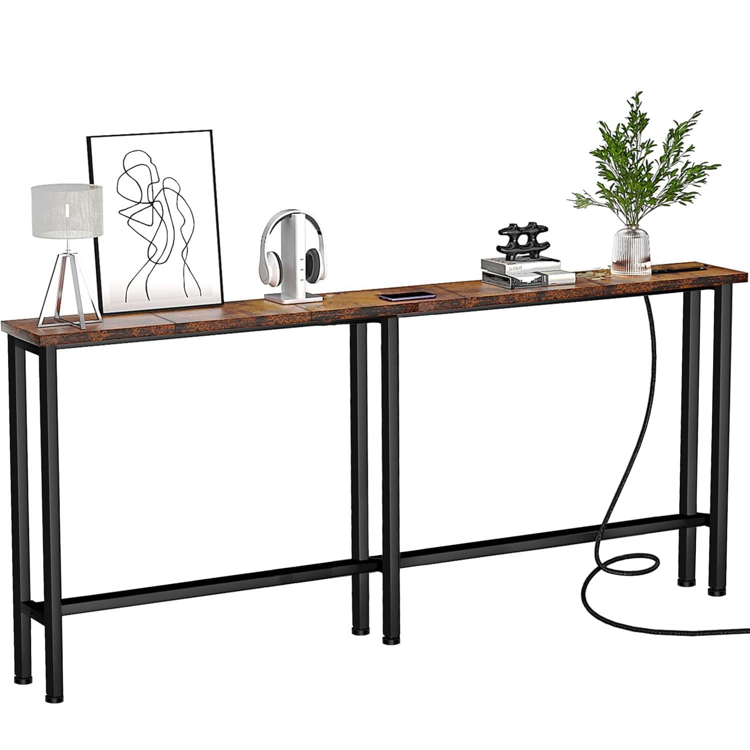 Keelian 70.86" Sofa Table Behind Couch Rustic Brown Narrow Console Table | Power
