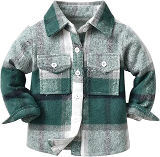 IBTOM CASTLE Boys Girls Plaid Flannel Shirt Long Sleeve Lapel Button Down Pockets Regular Fit Casual Fall Coat