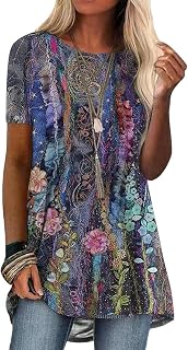ORANDESIGNE Women's Short Sleeve Round Neck Summer Loose T-Shirts Basic T-Shirts Women Long Summer Casual Geometric Print Blouse Shirt Elegant Top
