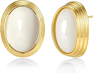 SNGIA18K Gold Plated Burgundy Maroon Red Carnelian Round Oval Ribbed Button Chunky Statement Earrings for Women by SNGIA, Bold Handmade Exaggerated Dome Retro Rounded Button Trendy Bohemian Gemstone