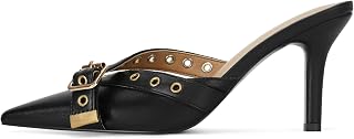 Black Kitten Heels for Women Pointed Closed Toe Dressy Bow Heel Vintage Heeled Mules Sexy Pointy Studded Slip on Stiletto Pump Shoes