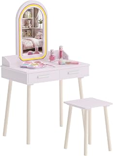 Qaba Kids Dressing Table with 3-Colour Lights Mirror 2 Drawers for 3-8 Pink | Girls Vanity Set with Stool, Make Up Desk Chair, Kids Dressing Table and Chair Set, Pretend Gift, Bedroom, Playroom