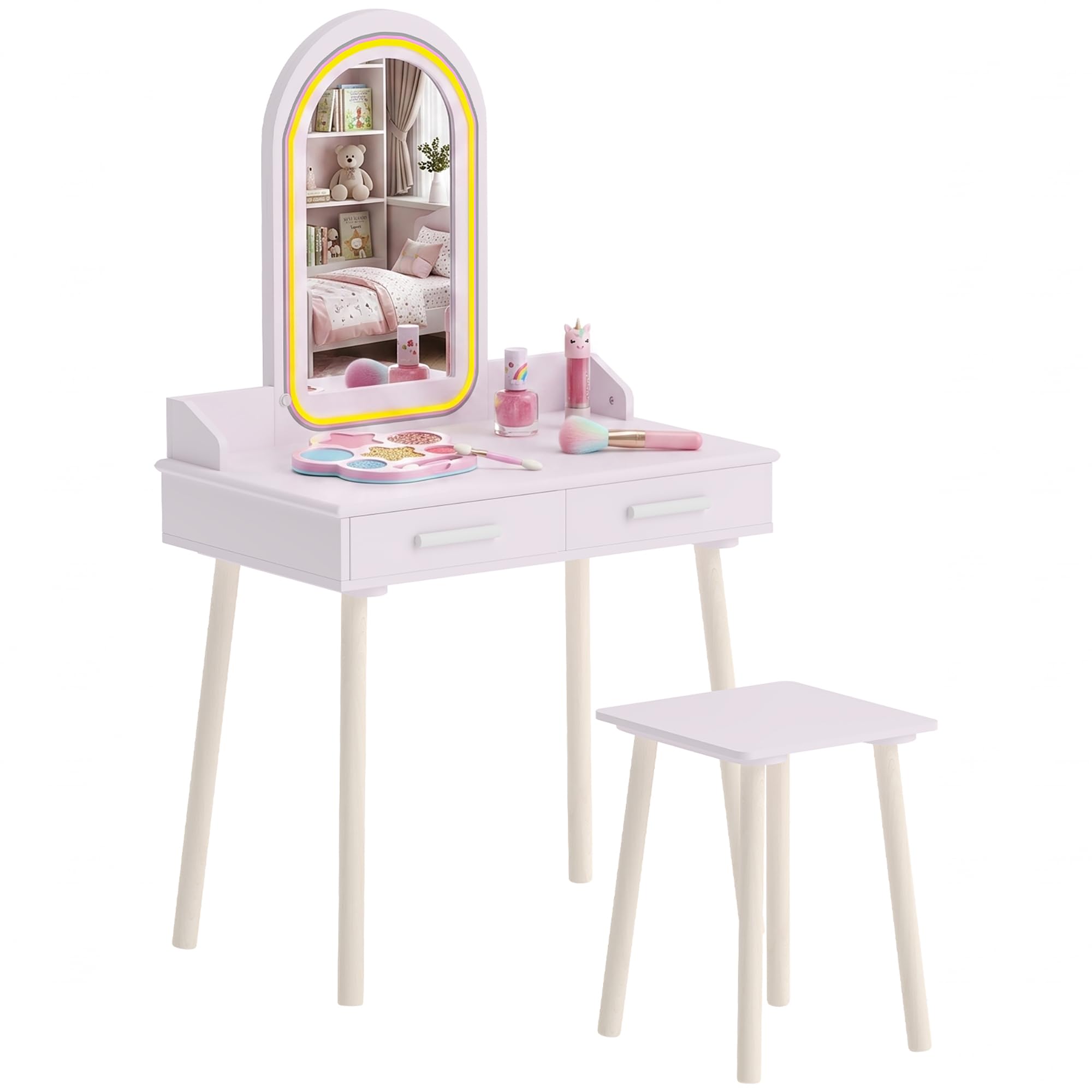 Qaba Kids Dressing Table with 3-Colour Lights Mirror 2 Drawers for 3-8 Pink | Gi