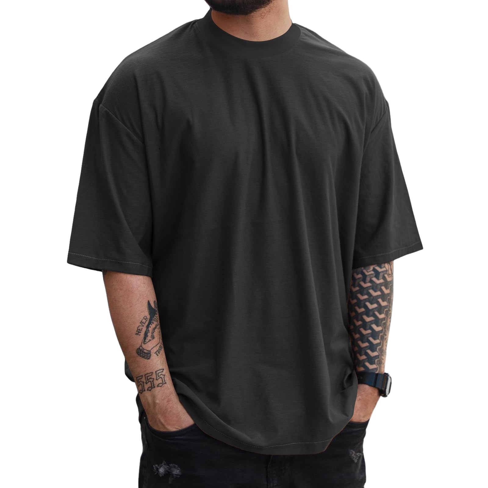Mens Oversize Short Sleeve Tshirts Workout Drop Shoulder Relaxed Fit Tees