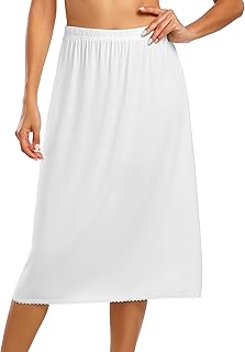 Vlazom Women's Long Petticoat Under Dress Soft Elastic Waist with Lace Trim S-XXL