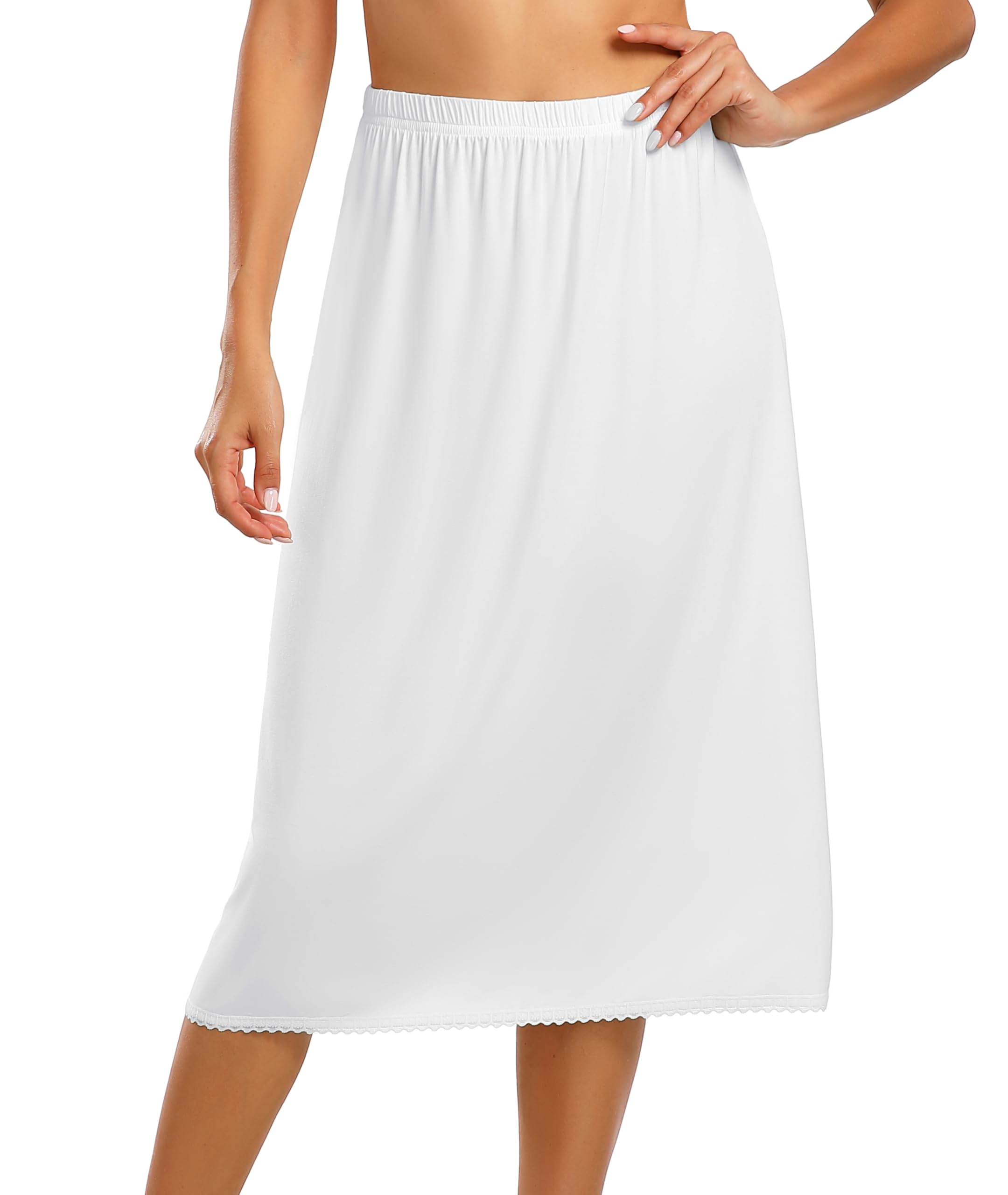 Vlazom Women's Long Petticoat Under Dress Soft Elastic Waist with Lace Trim S-XX