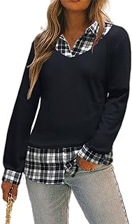 Oyamiki Women's Classic Collar Curved Hem 2 in 1 Knit Pullover Plaid Contrast T-Shirt Top