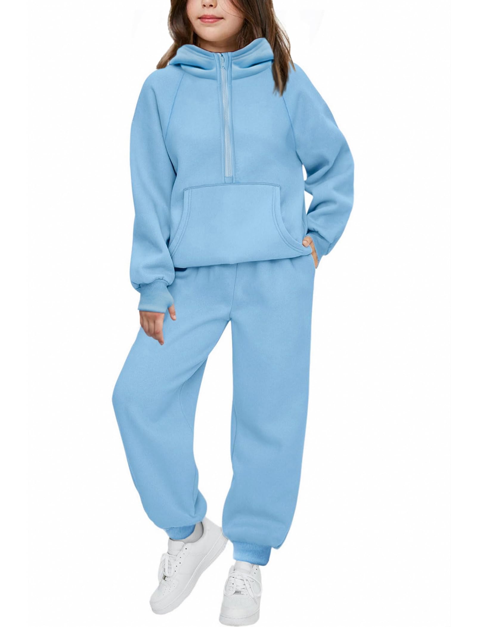 Arshiner Girls 2 Piece Outfits Tracksuit Drop Shoulder Hoodie Half Zip Sweatshir