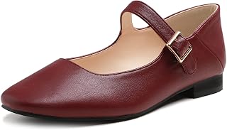 Feversole Women's Square Toe Mary Jane Fashion, Square Toe Easy Buckle Low Heel Slip On Flats in Vegan Leather