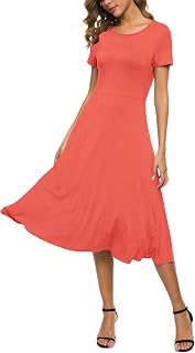 EXCHIC Women's Short Sleeve Solid Color Round Neck Elastic A-Line Dress Casual Elegant Round Neck Midi Dress