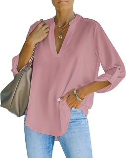 NONSAR Henley Women's Elegant V-Neck Roll Up Sleeve Casual Blouse