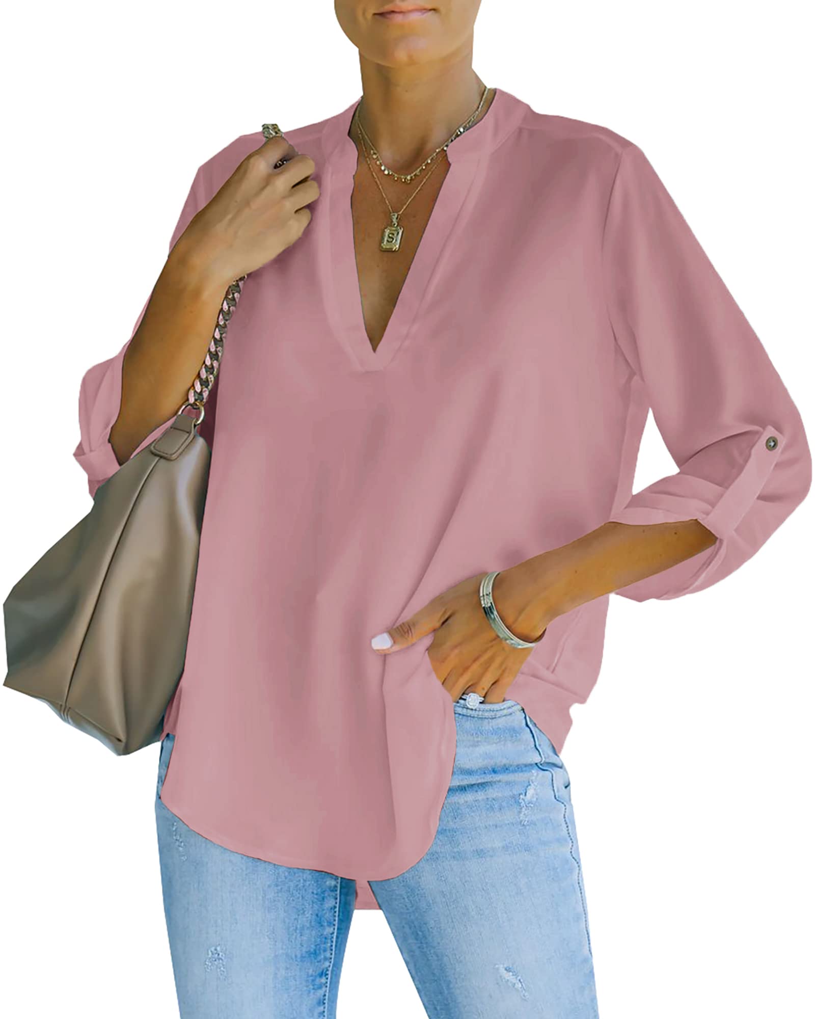 NONSAR Henley Women's Elegant V-Neck Roll Up Sleeve Casual Blouse