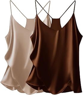 Ekouaer Camisola de satén para mujer, paquete de 2 camisetas de seda con cuello en V, tirantes delgados, espalda cruzada