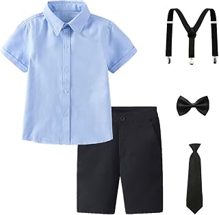 amropi Children's Christening Suit Short Sleeve Shirt and Bow Tie and Pants and Suspenders for 3-12 Years