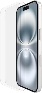 Belkin ScreenForce TemperedGlass iPhone 16 Screen Protector, crystal clear, scratch-resistant tempred glass, bubble-free application, full screen coverage also compatible with iPhone 15, 2-pack