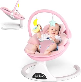 Electric Baby Swing with Remote Control,5 Speeds&Portable&Cozy(0-6M,Pink) | Safety lock&secure harness,12 melodies&Bluetooth,8/15/30min timer,lightweight indoor/outdoor,soft washable seat,easy assembly