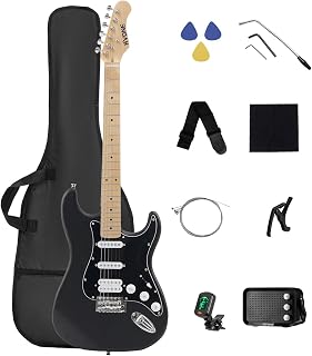RVONE RST-150 39-Inch Right-Handed Electric Guitar Kit, HSS, Amp, Black | 39-inch guitar with HSS pickups, amp, gig bag, tuner, capo, strap, spare strings, and quiet headphone practice for beginners